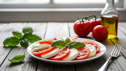 Caprese salad on white plate with sliced tomatoes mozzarella cheese and fresh basil leaves on wooden table by window