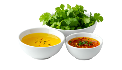 Three white bowls one with cilantro, two with oil-based sauces. Black background
