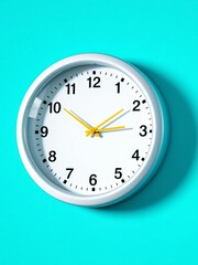 Close-up of white wall clock, yellow second hand ticking against turquoise blue Time management concept,  copy space,  concept