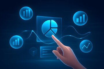 Exploring data analytics: a human hand interacts with a futuristic digital interface