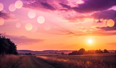 Obraz premium A breathtaking sunset paints the sky with vibrant hues of pink and orange, casting a warm glow over a serene rural landscape