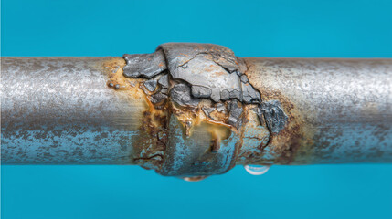 Fototapeta premium Rusty corroded metal pipe joint with peeling paint and water droplets on bright blue background showing decay and weathering effects in close up detail