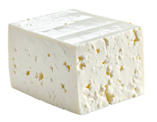 Block of white cheese with visible air pockets, isolated