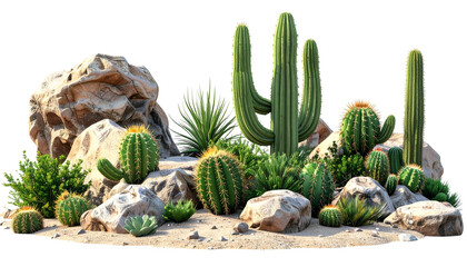 Rendered desert scene with cacti, rocks, and various desert plants, isolated