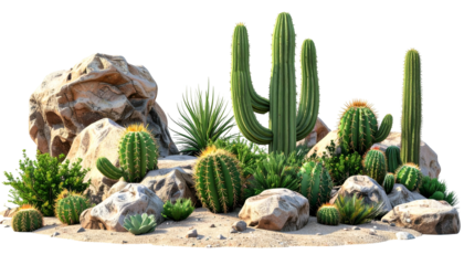 Rendered desert scene with cacti, rocks, and various desert plants, isolated