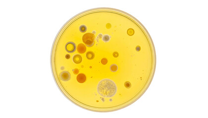 Overhead shot of a petri dish showing microbial colonies in various colors