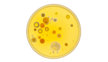 Overhead shot of a petri dish showing microbial colonies in various colors