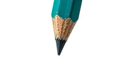 Close-up of a teal pencil tip, showing wood grain, graphite, and a black background