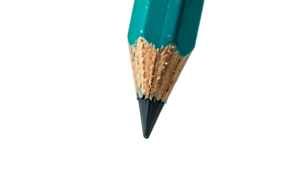 Close-up of a teal pencil tip, showing wood grain, graphite, and a black background