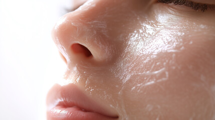 Fototapeta premium Close up of natural face mask applied on glowing skin showing smooth texture and healthy complexion with soft lips and closed eyes in bright light