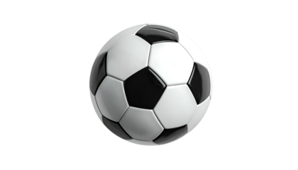 A classic, spherical soccer ball rendered with black and white panels against a black background