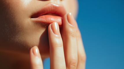 Soft close up of fingertips resting gently on lips with smooth skin texture and natural light against blue background creating calm and delicate mood