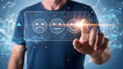 Man interacting with digital rating interface in futuristic blue lighting with glowing icons for customer feedback