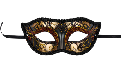 Elegant eye mask with black, gold, and red accents, held by a black ribbon on a dark background