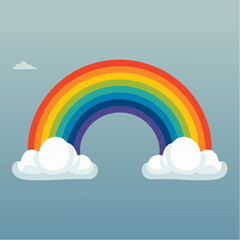 Colorful rainbow with fluffy clouds against a light blue sky.