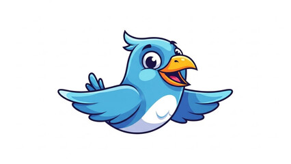 Fototapeta premium A cheerful blue cartoon bird with a yellow beak flying happily