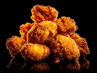 Pile of golden crispy fried chicken pieces isolated on a black background with dramatic lighting to emphasize crunch texture and comfort food appeal