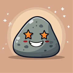 Cartoon rock with star eyes and a big smile, set against a beige background with sparkling stars.