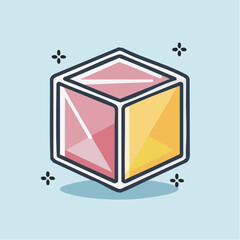 Cartoon cube with pink and yellow sides, outlined in gray, on a light blue background.
