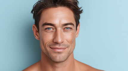 Obraz premium Young man with lightly tanned sun kissed skin and soft pores visible smiling confidently against light blue background, showing natural beauty and healthy complexion