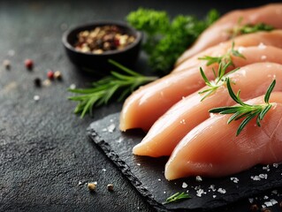 Raw chicken breast fillets arranged on a dark slate board with rosemary peppercorns and coarse salt for clean protein preparation and culinary visuals