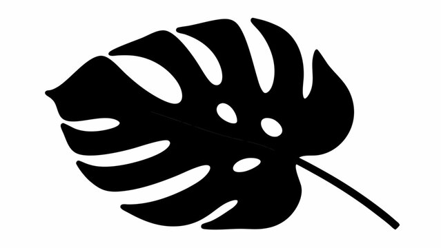 A bold black silhouette of a tropical monstera leaf on a white background.