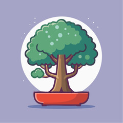 Cartoon illustration of a bonsai tree in a red pot against a white circle and lavender background.