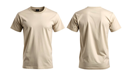 Tan crew-neck t-shirt displayed front and back, isolated on black