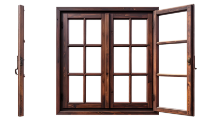 Wooden double-hung window with a slightly ajar casement against a black backdrop