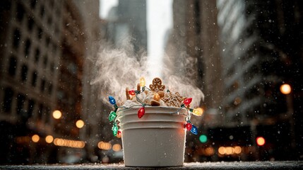 Steaming popcorn in a bucket, decorated with lights, in a snowy city, festive seasonal use
