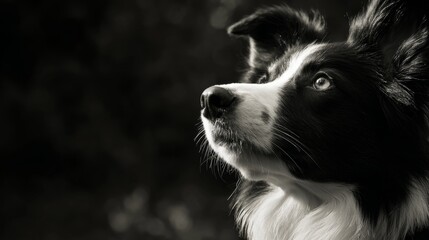 Plakat Close-up of a dog looking up in a garden during daylight, the animal is showing interest in something off camera