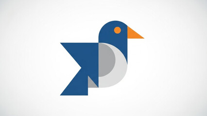 Geometric blue bird icon with orange beak and white belly on gray background