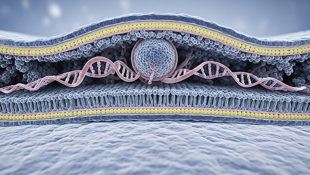 Cross-section illustration of a cell membrane showing DNA helix interacting with a central molecule isolated on white.