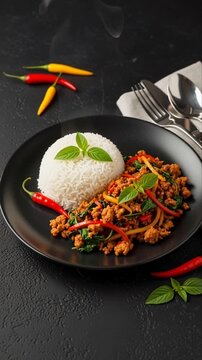 Steaming hot thai holy basil stir-fry dish