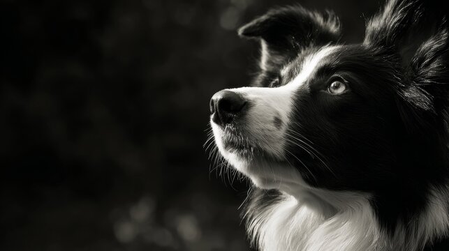 Close-up of a dog looking up in a garden during daylight, the animal is showing interest in something off camera