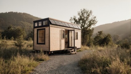Tiny House on Wheels in a Rural Landscape at Sunset.