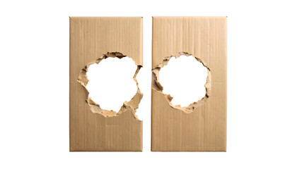 Two vertical cardboard panels with large, irregular holes showing dark emptiness