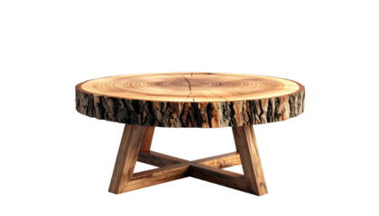 Wooden coffee table with a cross-base, made from a tree slice, against a black background