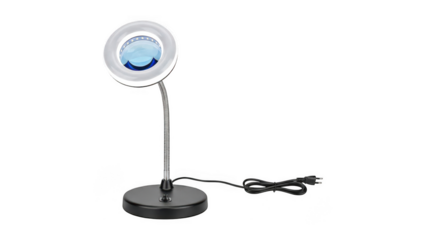 Flexible magnifying glass desk lamp with black base and adjustable arm isolated on transparent background