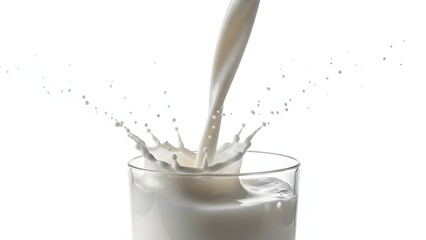 Fresh white milk pouring into a clear glass, creating a dynamic splash against a clean white background.
