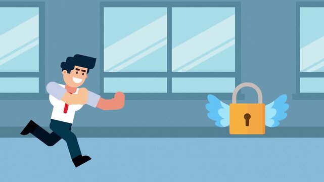 Animated video of a businessman running after a lock with wings, symbolizing the pursuit of security, privacy, or overcoming barriers in business or life.

