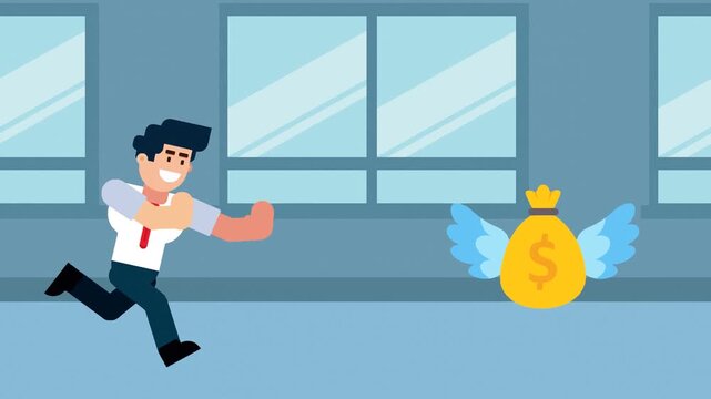 Animated video of a businessman running after a flying money bag with wings, symbolizing pursuit of wealth and financial opportunity.

