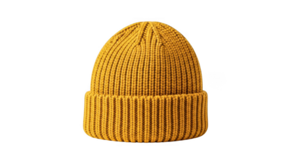 Vibrant mustard yellow knit beanie hat with ribbed cuff and dome isolated on transparent background
