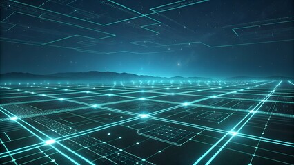 Fototapeta premium Futuristic Digital Landscape with Glowing Technology Grid and Horizon