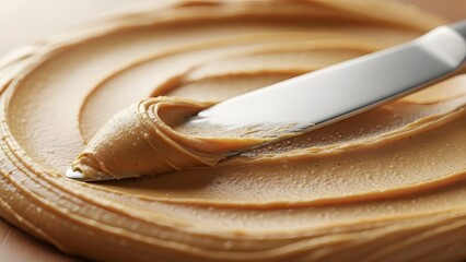 A close-up shot of creamy peanut butter being spread smoothly with a silver knife, creating swirls and texture on a surface.