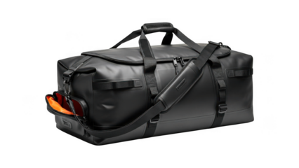 Black leather duffel bag with orange accents isolated on transparent background
