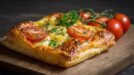 Golden-brown puff pastry tart topped with melted cheese, roasted cherry tomatoes, and fresh herbs, showcasing rustic culinary artistry on wooden cutting board