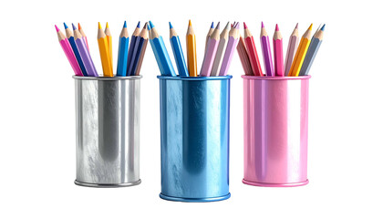Three colored pencil holders, each filled with vibrant pencils, against a black background