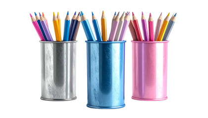 Three colored pencil holders, each filled with vibrant pencils, against a black background