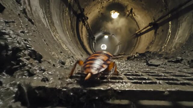 A grimy cockroach navigates a dark, damp sewer pipe tunnel from a close-up perspective